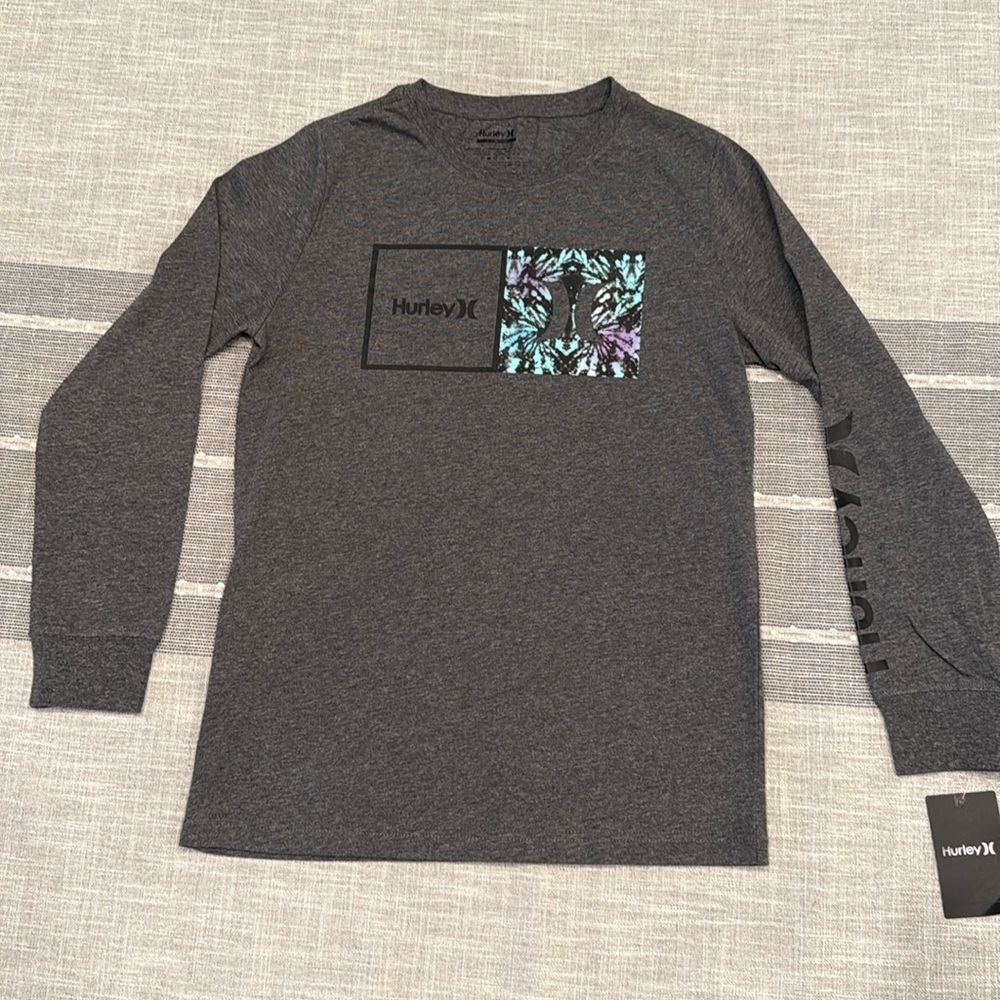 Boys Hurley gray surfer logo print long sleeve tee shirt size L(12/13)